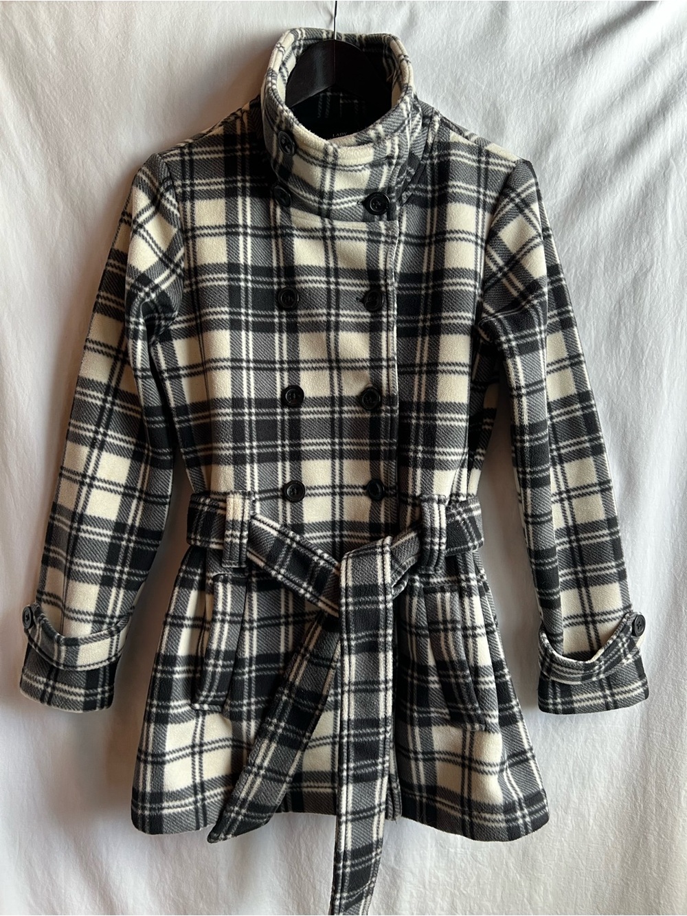Lady Hathaway Plaid Coat Large Black White Belted Double Breasted Peacoat - Picture 2 of 9